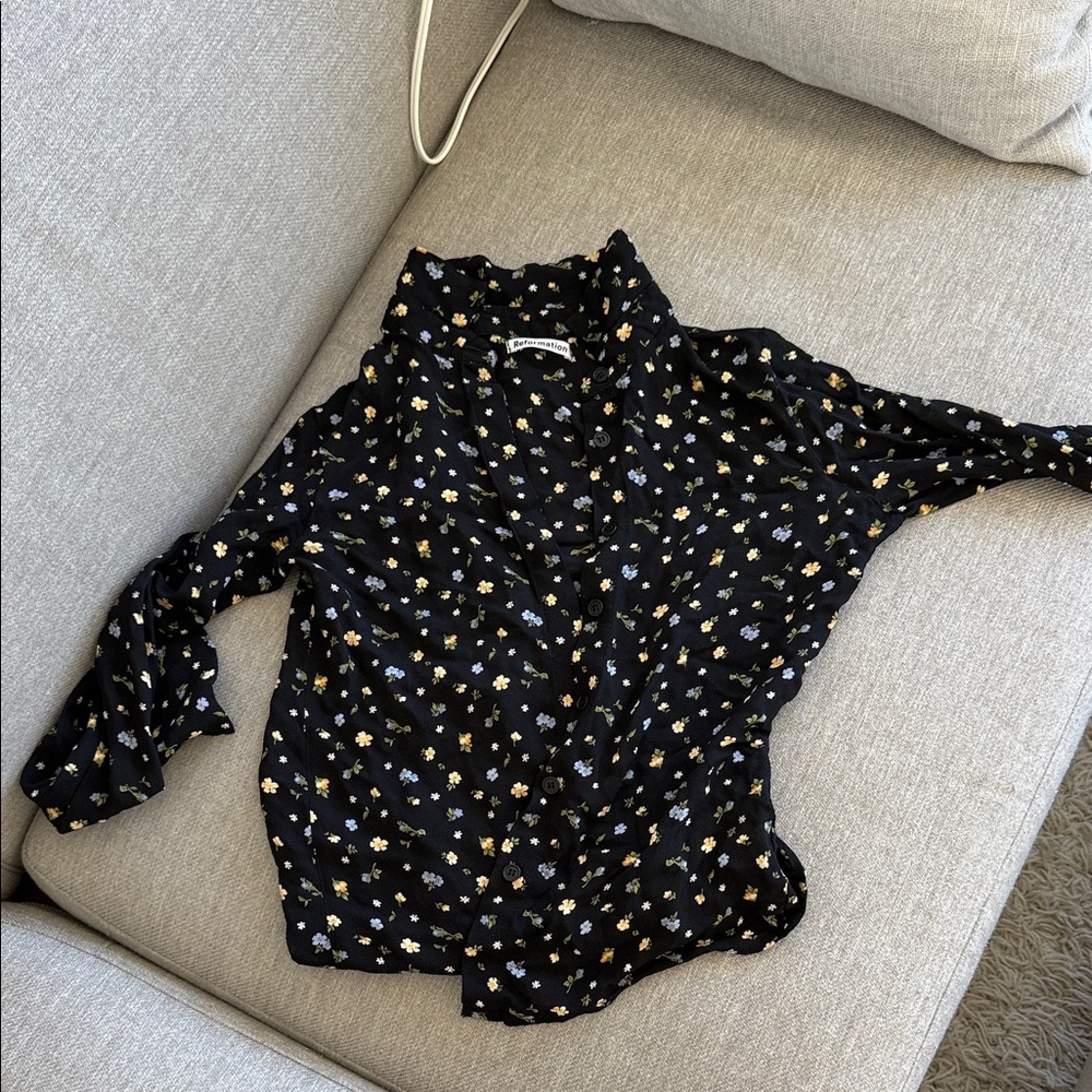 Reformation Black Floral Button-Up Top with Yellow & Light Blue Ditsy Print
